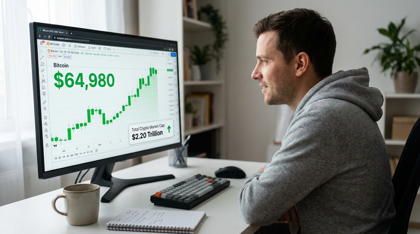Bitcoin Rebounds Toward $65,000 as Global Crypto Market Cap Recovers to $2.20 Trillion